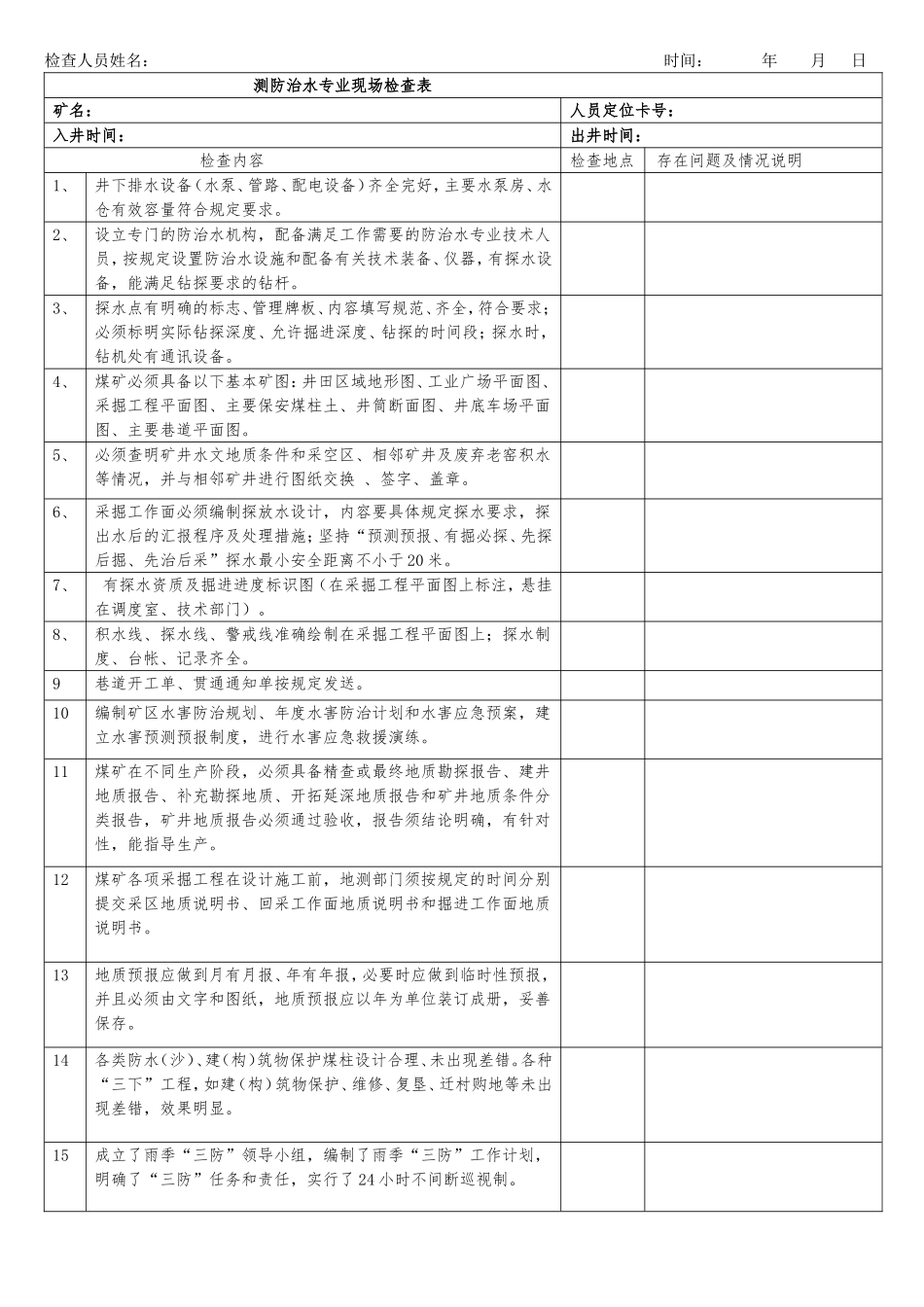 测防治水专业现场检查表_第1页