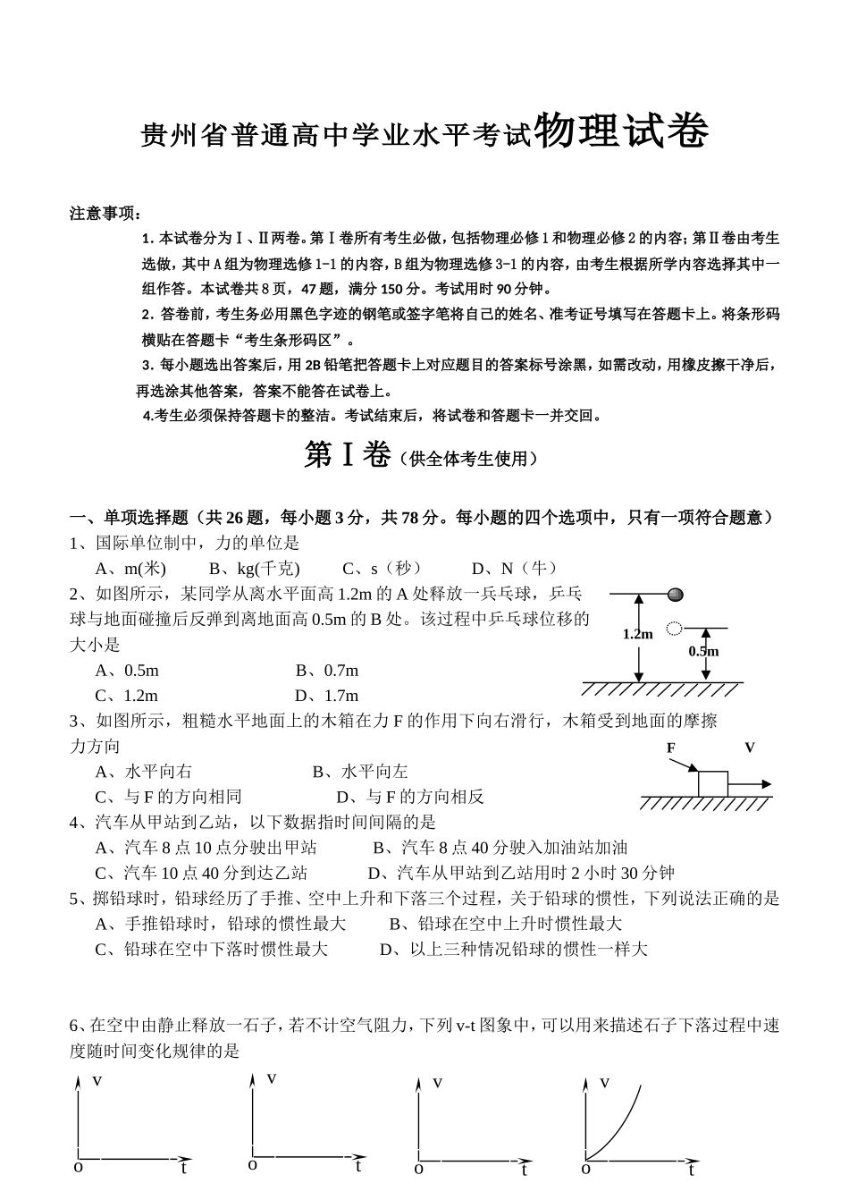 贵州省普通高中学业水平考试物理试卷_第1页