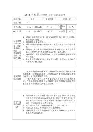 第一学期第一次七年级历史月考试卷质量分析表