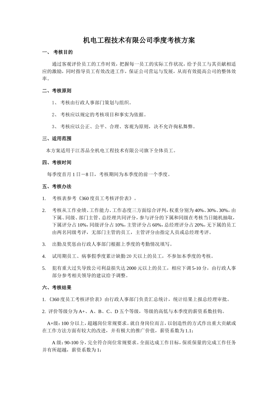 机电工程技术有限公司技术考核方案季度_第1页