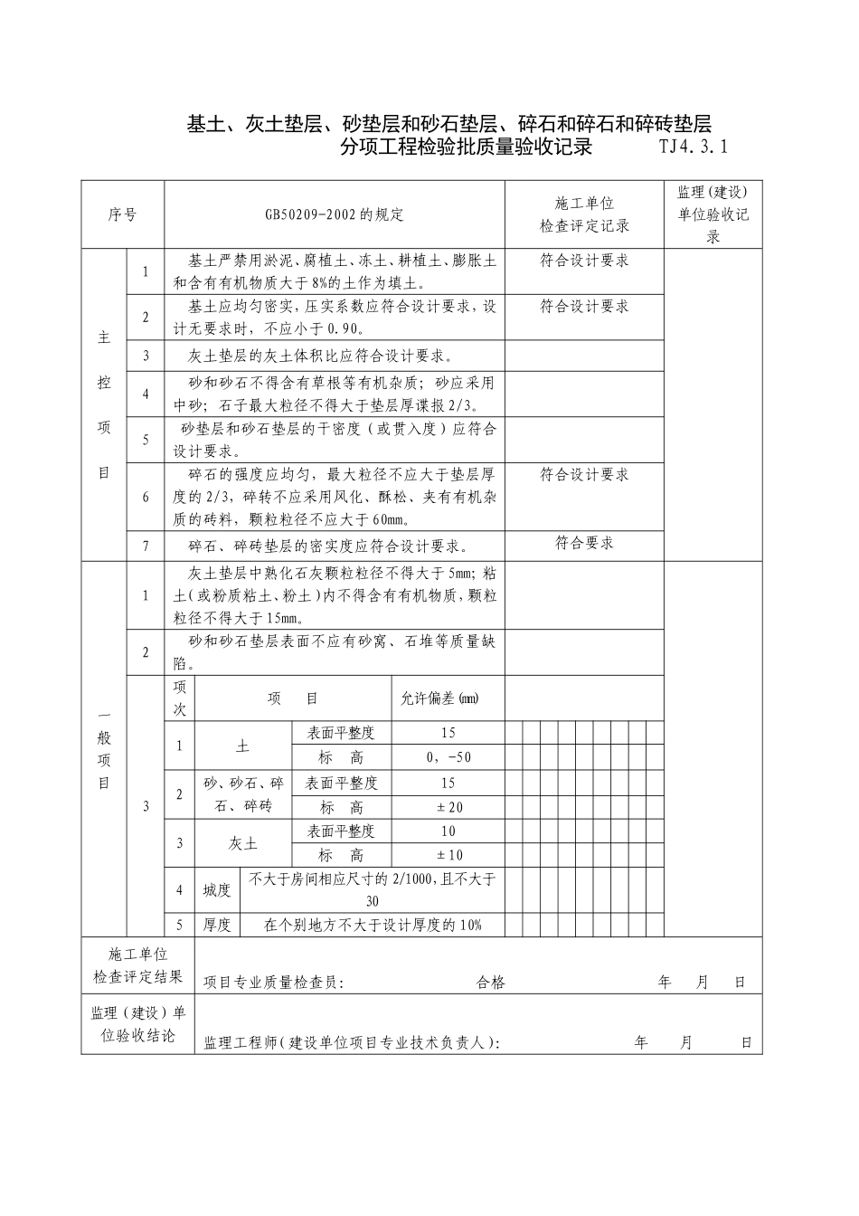 基土、灰土垫层、砂垫层和砂石垫层、碎石和碎石和碎砖垫层分项工程检验批质量验收记录_第1页