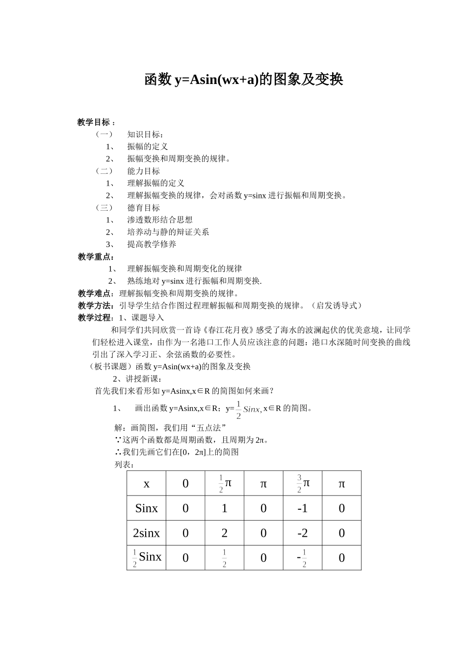 函数y=Asin(wx+a)的图象及变换 教学设计教案_第1页