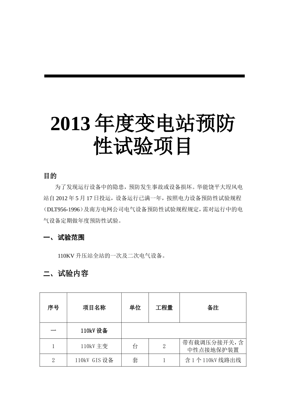 度变110KV升压站全站的一次及二次电气设备。电站预防性试验项目_第1页