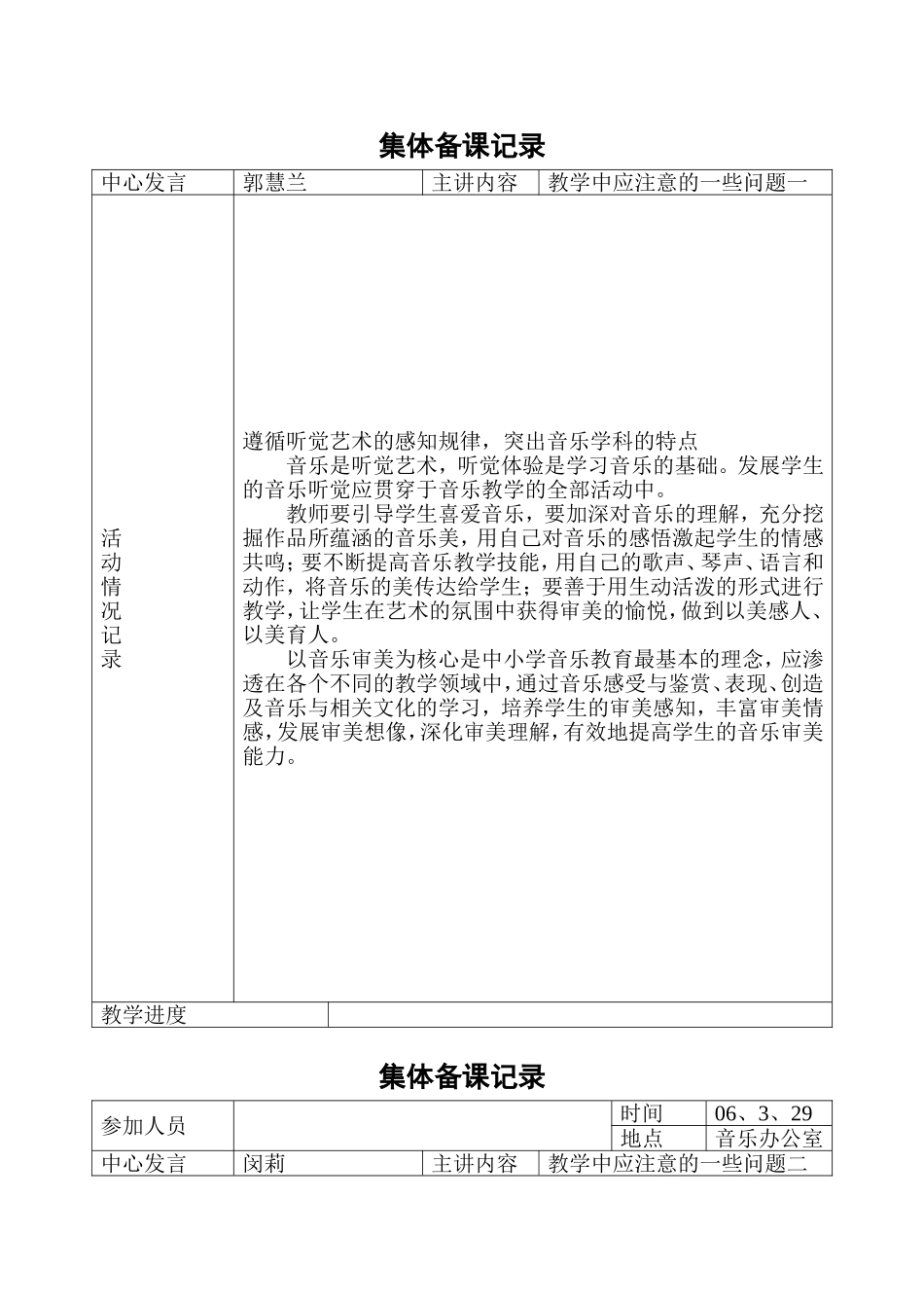 集体备课记录关于音乐听觉艺术_第1页