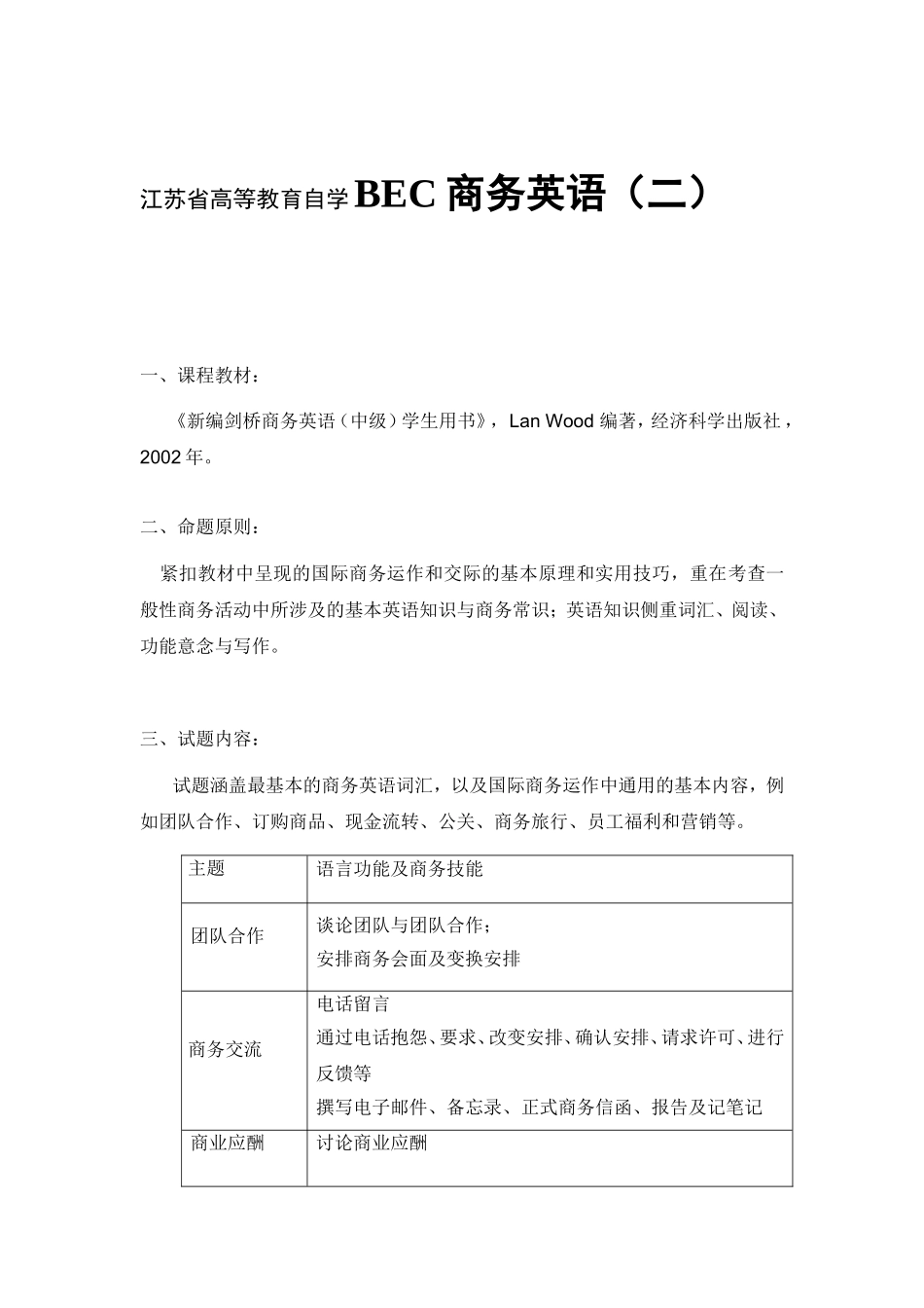 江苏省高等教育自学BEC商务英语（二）教学设计教案_第1页