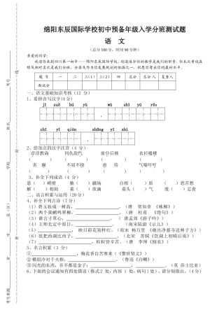 国际学校初中预备年级入学分班测试题