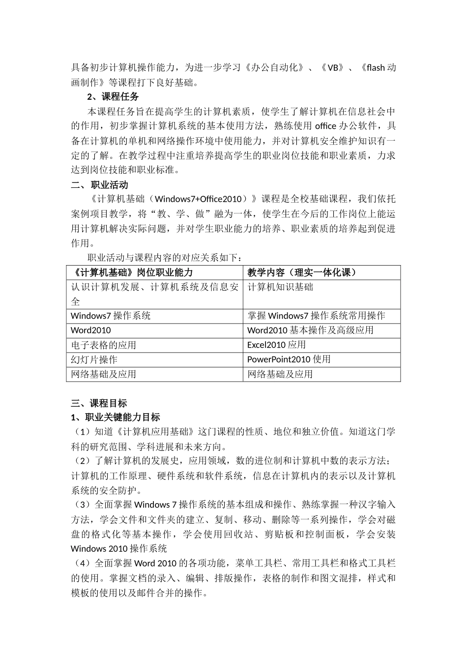 国家中等职业教育改革发展示范学校软件与服务专业建设 公共基础课计算机基础（Windows 7+Office 2010）课程标准_第2页