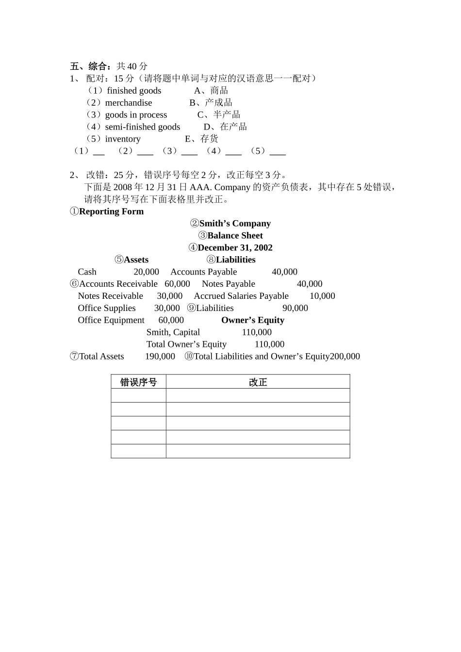 会计专业英语期末考试试卷_第3页