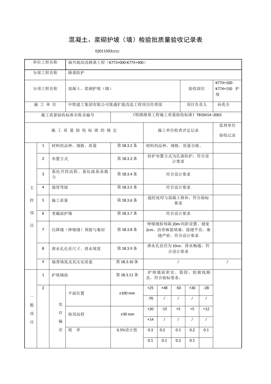 混凝土、浆砌护坡（墙）检验批质量验收记录表_第1页