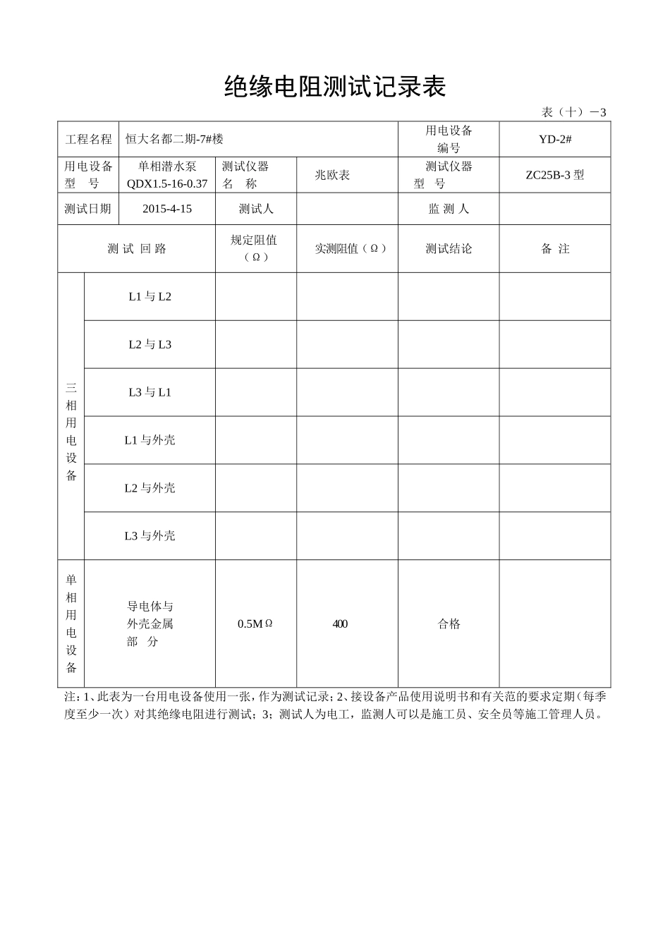 绝缘电阻测试记录表_第1页