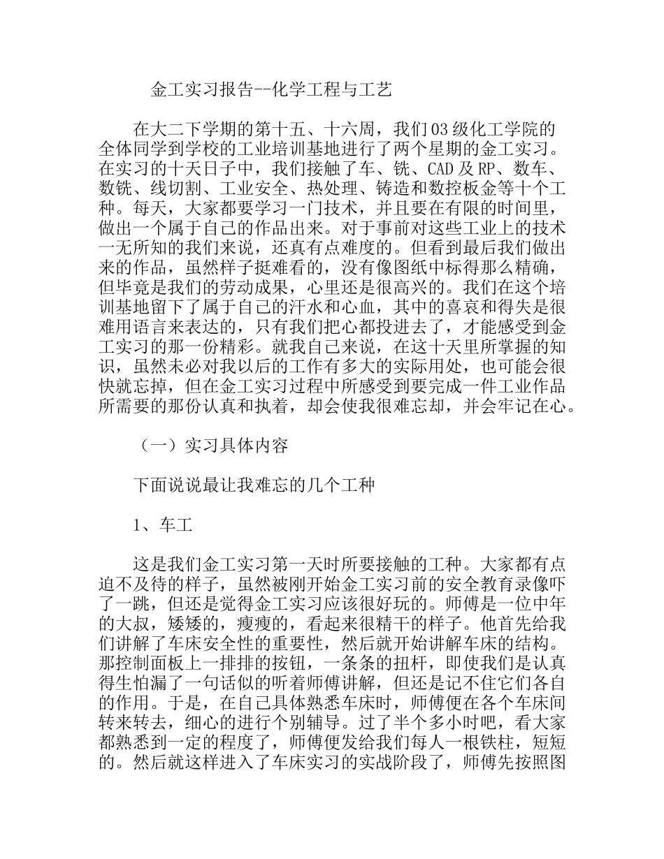 金工实习报告 化学工程与工艺_第1页
