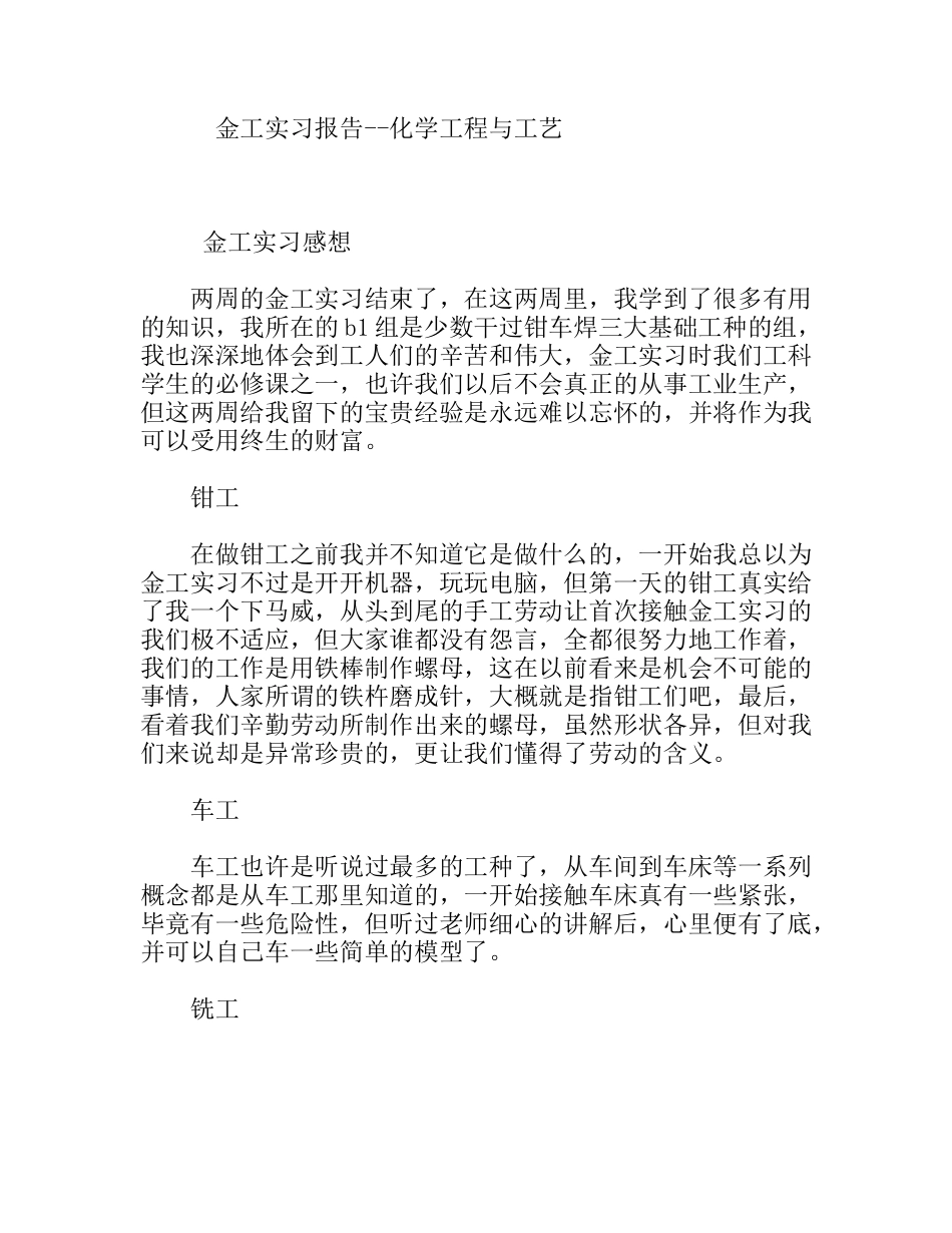 金工实习报告 化学工程与工艺专业_第1页