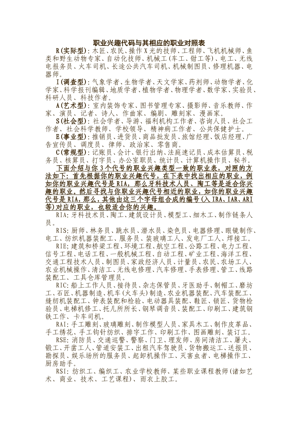职业兴趣代码与其相应的职业对照表_第1页