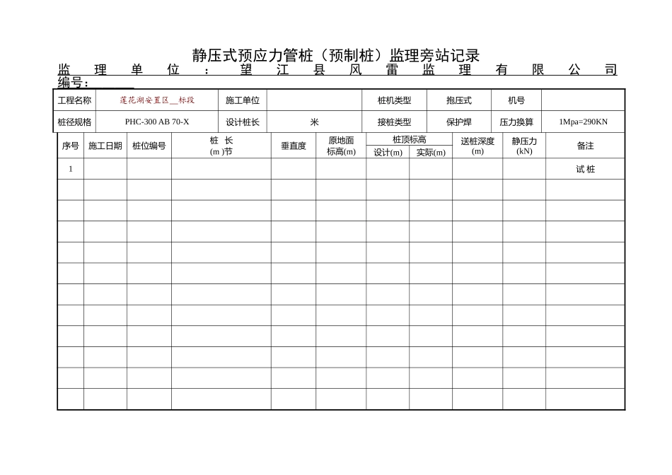静压式预应力管桩（预制桩）监理旁站记录_第1页