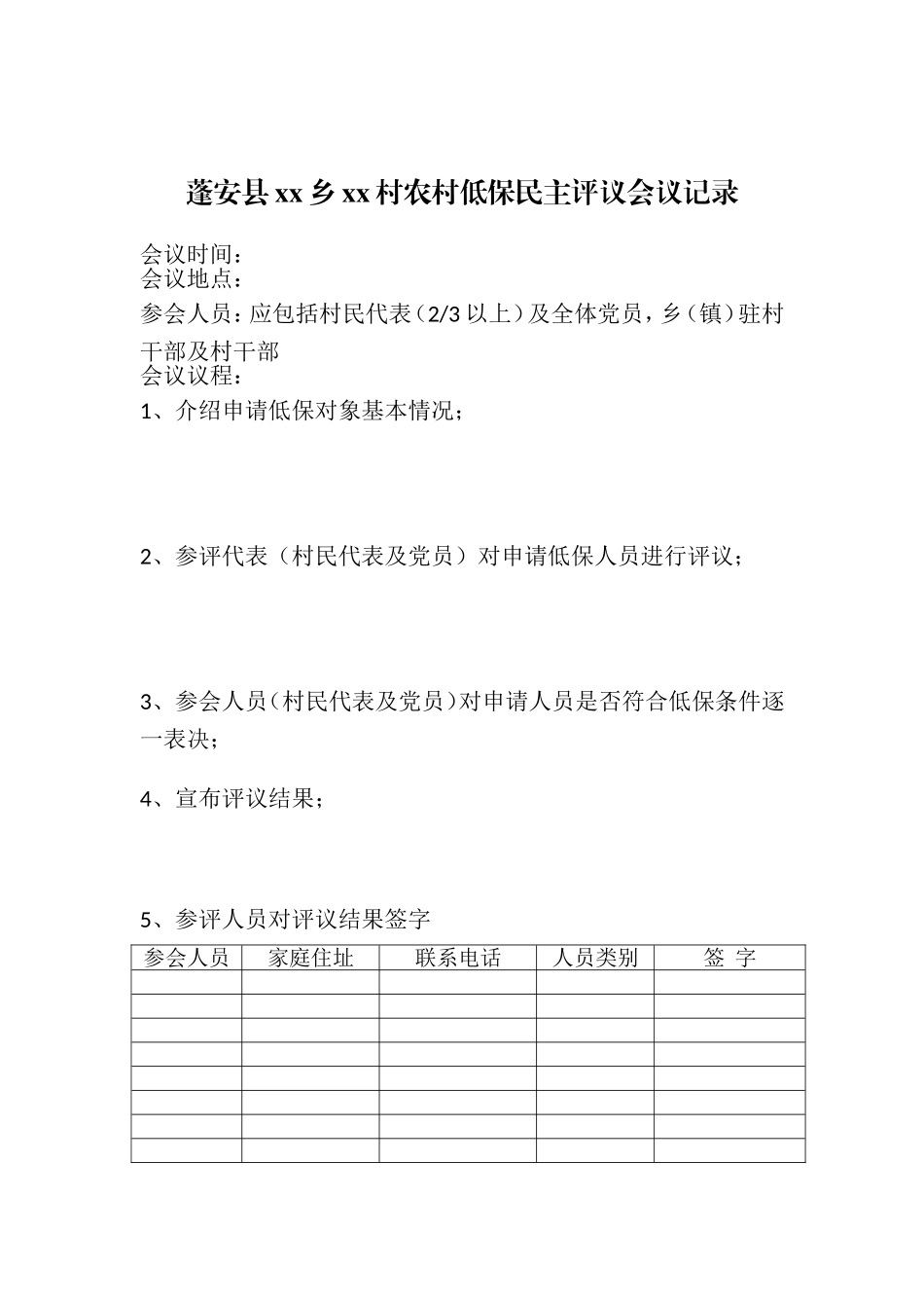 蓬安县xx乡xx村农村低保民主评议会议记录_第1页