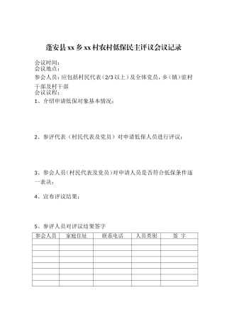 蓬安县xx乡xx村农村低保民主评议会议记录