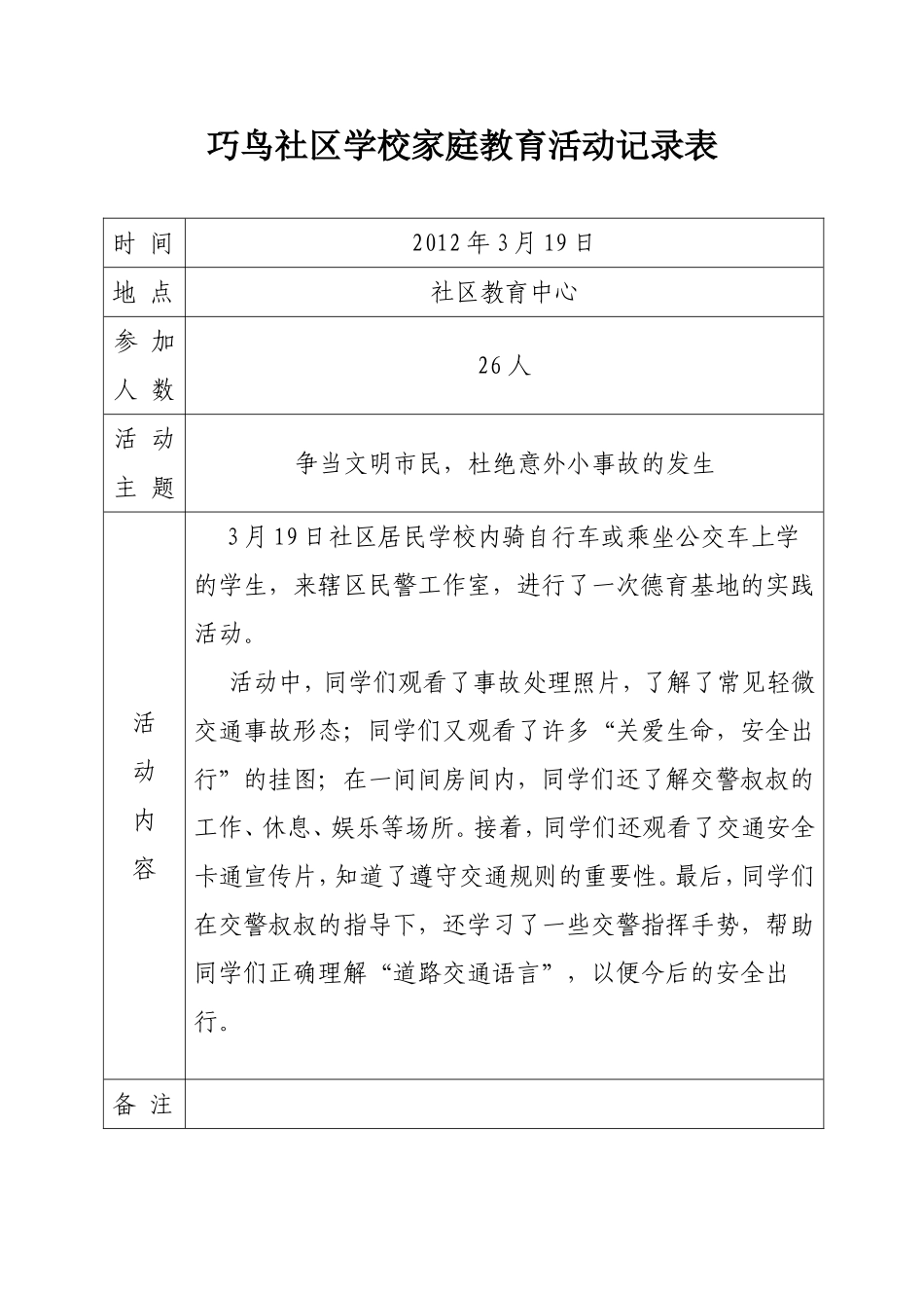 巧鸟社区学校家庭教育活动记录表_第1页