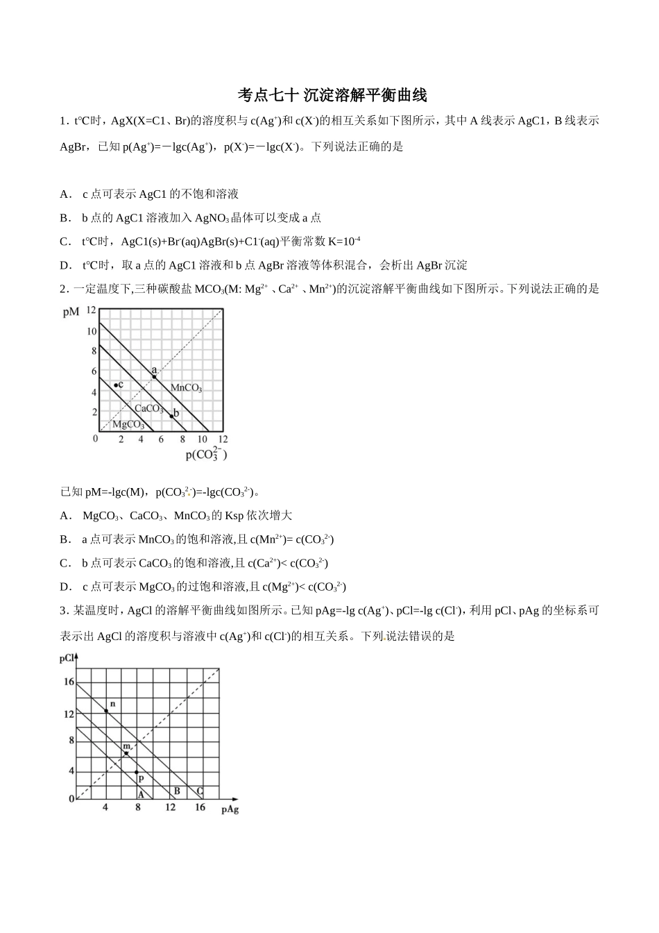 考点七十沉淀溶解平衡曲线_第1页