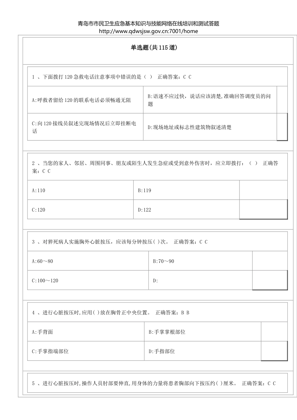 青岛市市民卫生应急基本知识与技能网络在线培训和测试答题_第1页