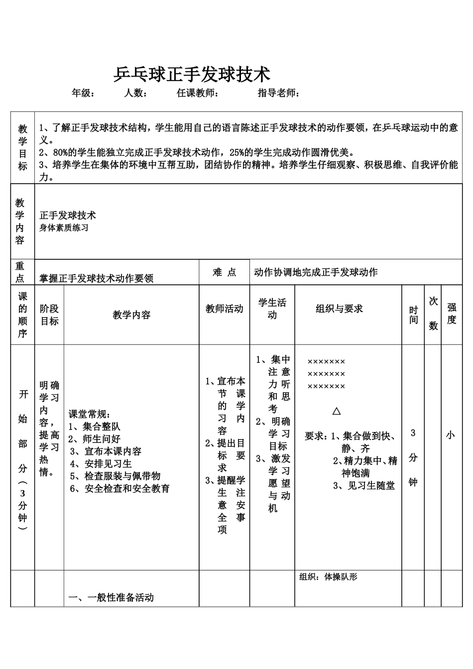 乒乓球正手发球技术 教学设计_第1页