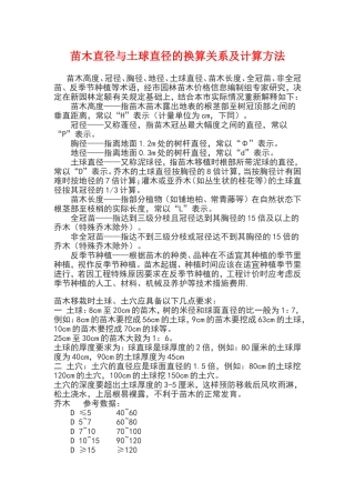 苗木直径与土球直径的换算关系及计算方法