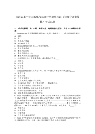 青海省上半年无纸化考试会计从业资格证《初级会计电算化》考试试题