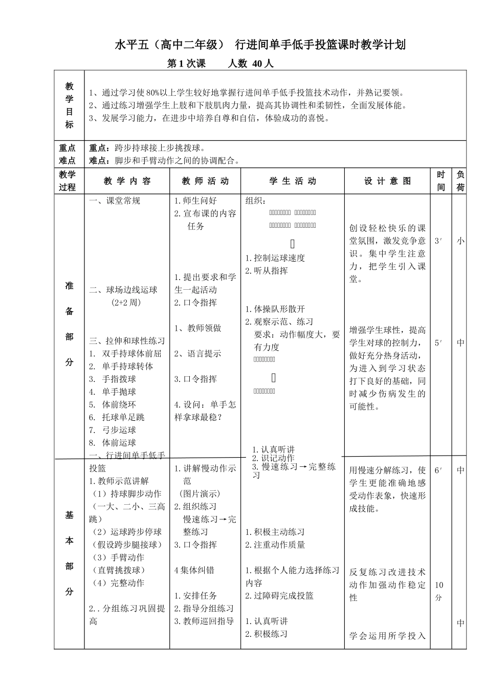 水平五（选修篮球）  行进间单手低手投篮教学设计_第2页