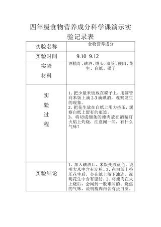 四年级食物营养成分科学课演示实验记录表