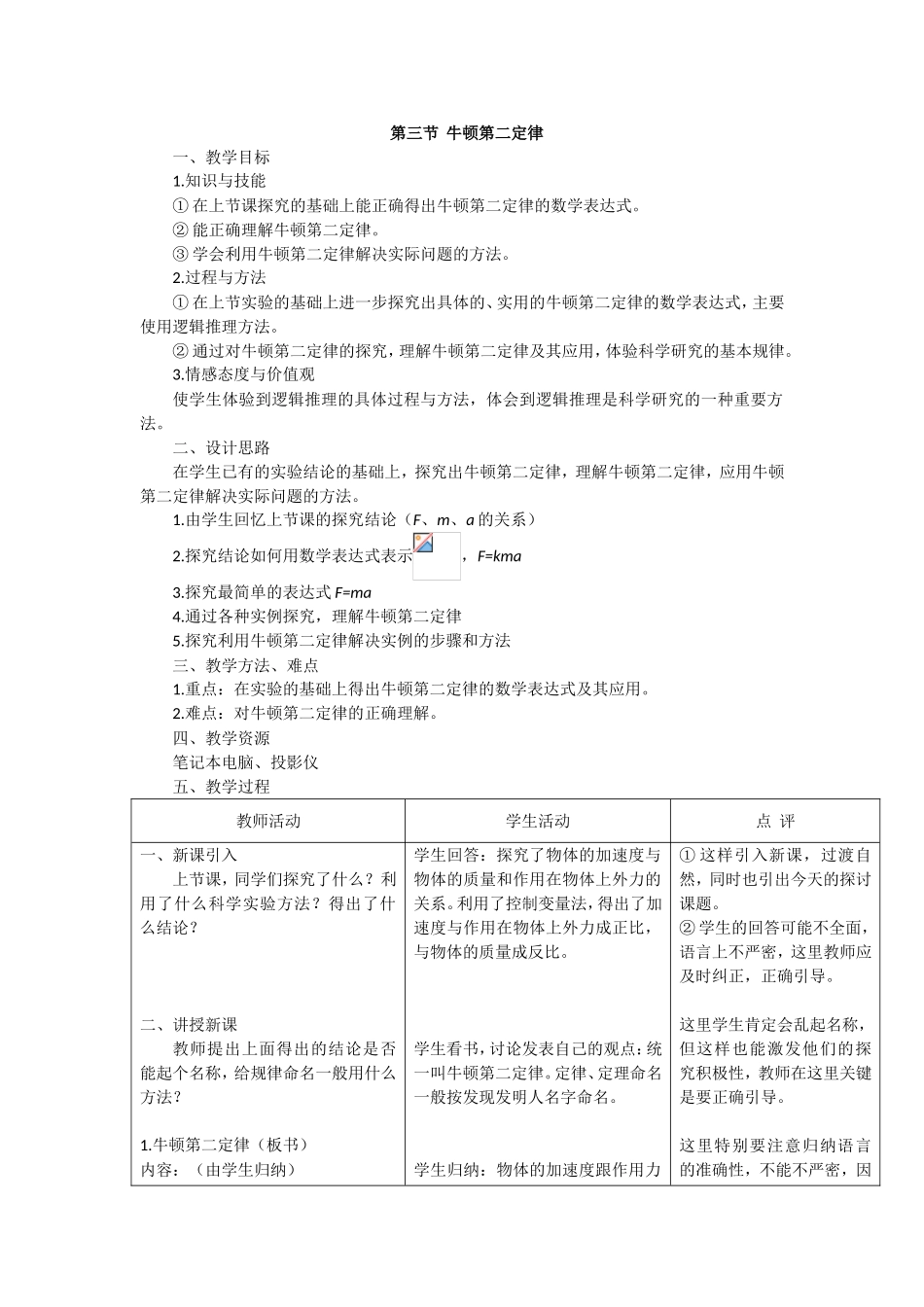 牛顿第二定律  教学设计_第1页