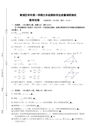 青浦区学年第一学期九年级期终学业质量调研测试