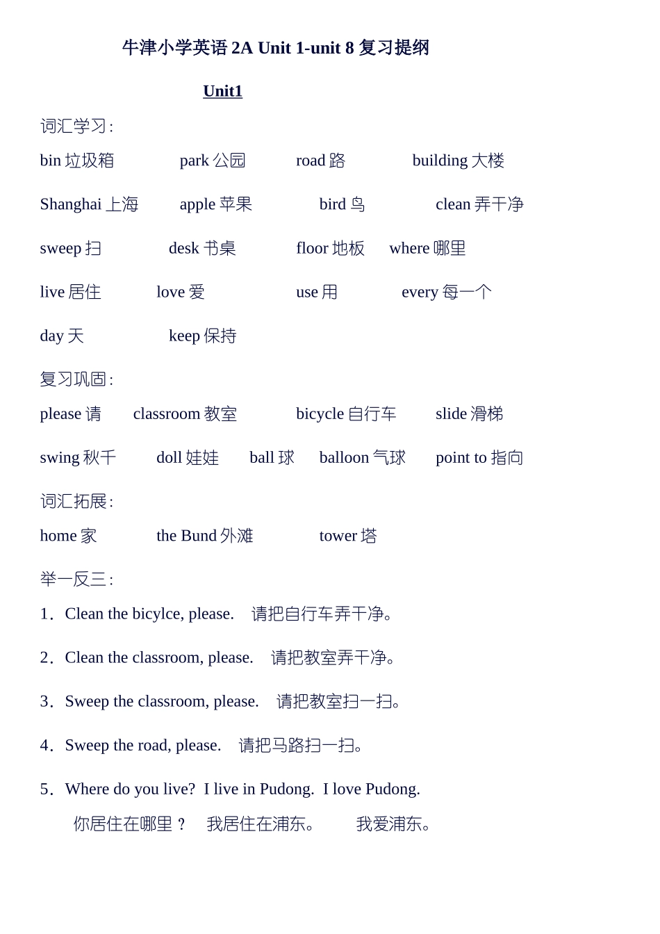 牛津小学英语2AUnit1-unit8复习提纲_第1页