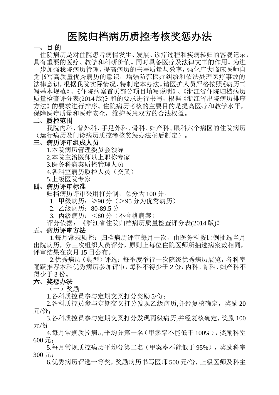 医院归档病历质控考核奖惩办法_第1页