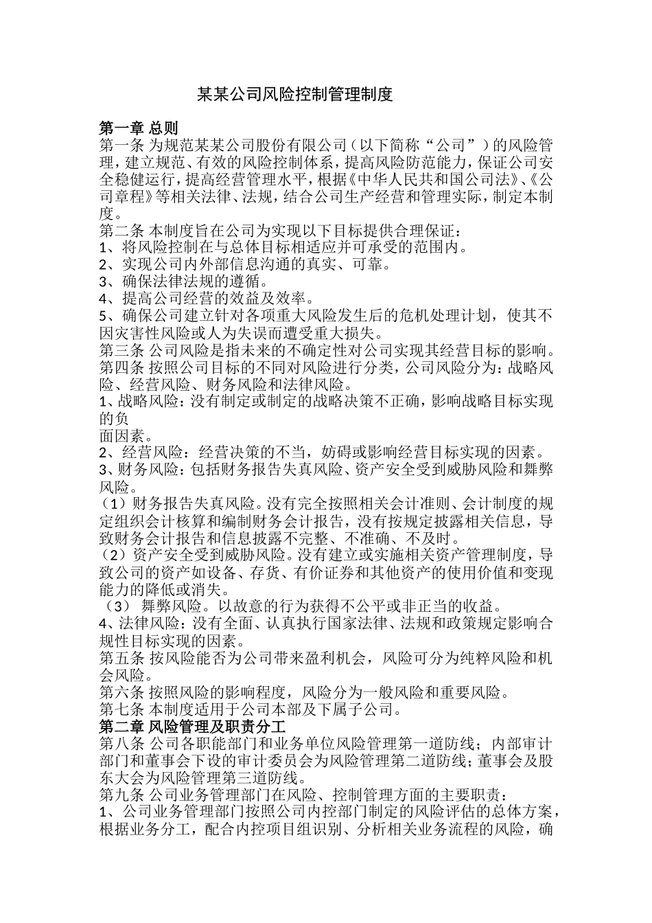某某公司风险控制管理制度_第1页