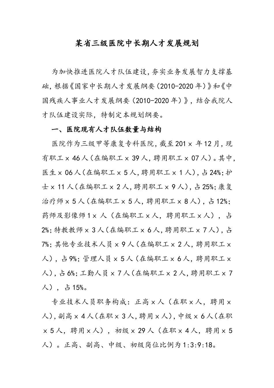 某省三级医院中长期人才发展规划_第1页