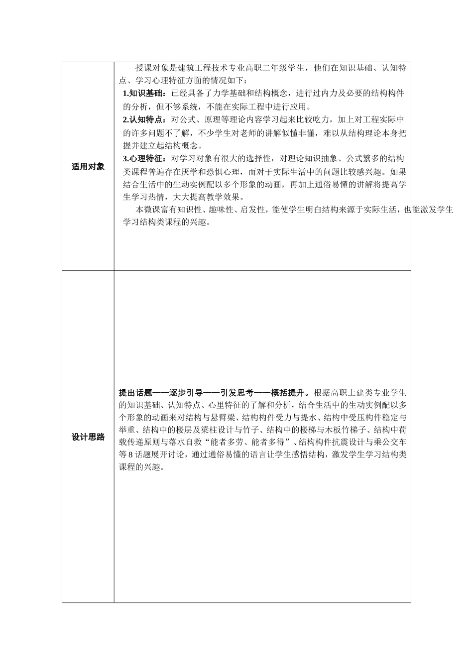 全国职业院校教师微课大赛教学设计表 建筑结构漫谈之感悟结构_第2页
