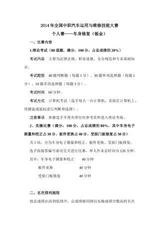 全国中职汽车运用与维修技能大赛个人赛——车身修复（钣金）