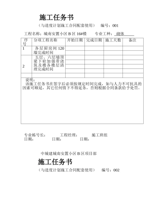 城南安置小区B区 16#楼施工任务书