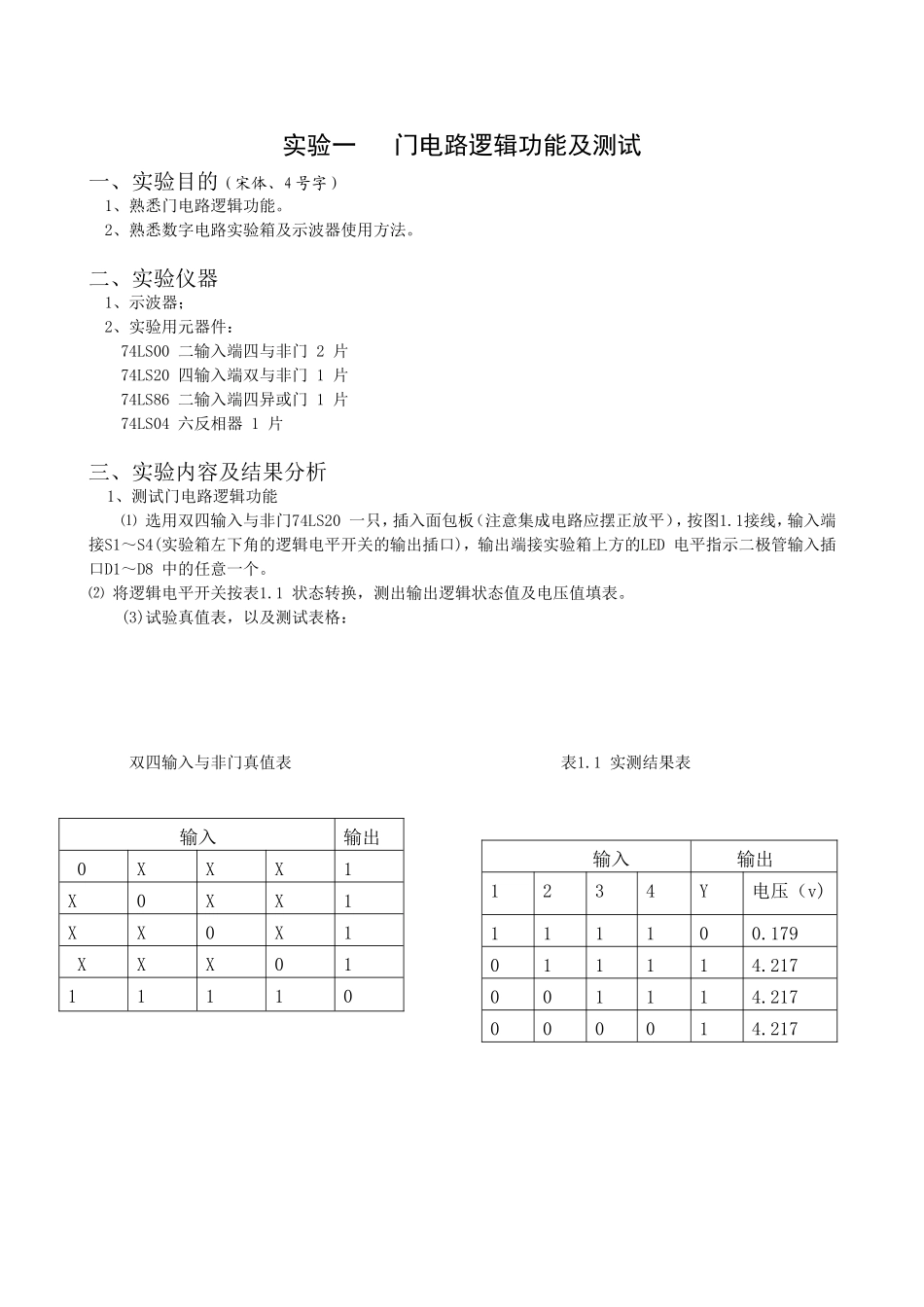 门电路逻辑功能及测试实验报告_第1页