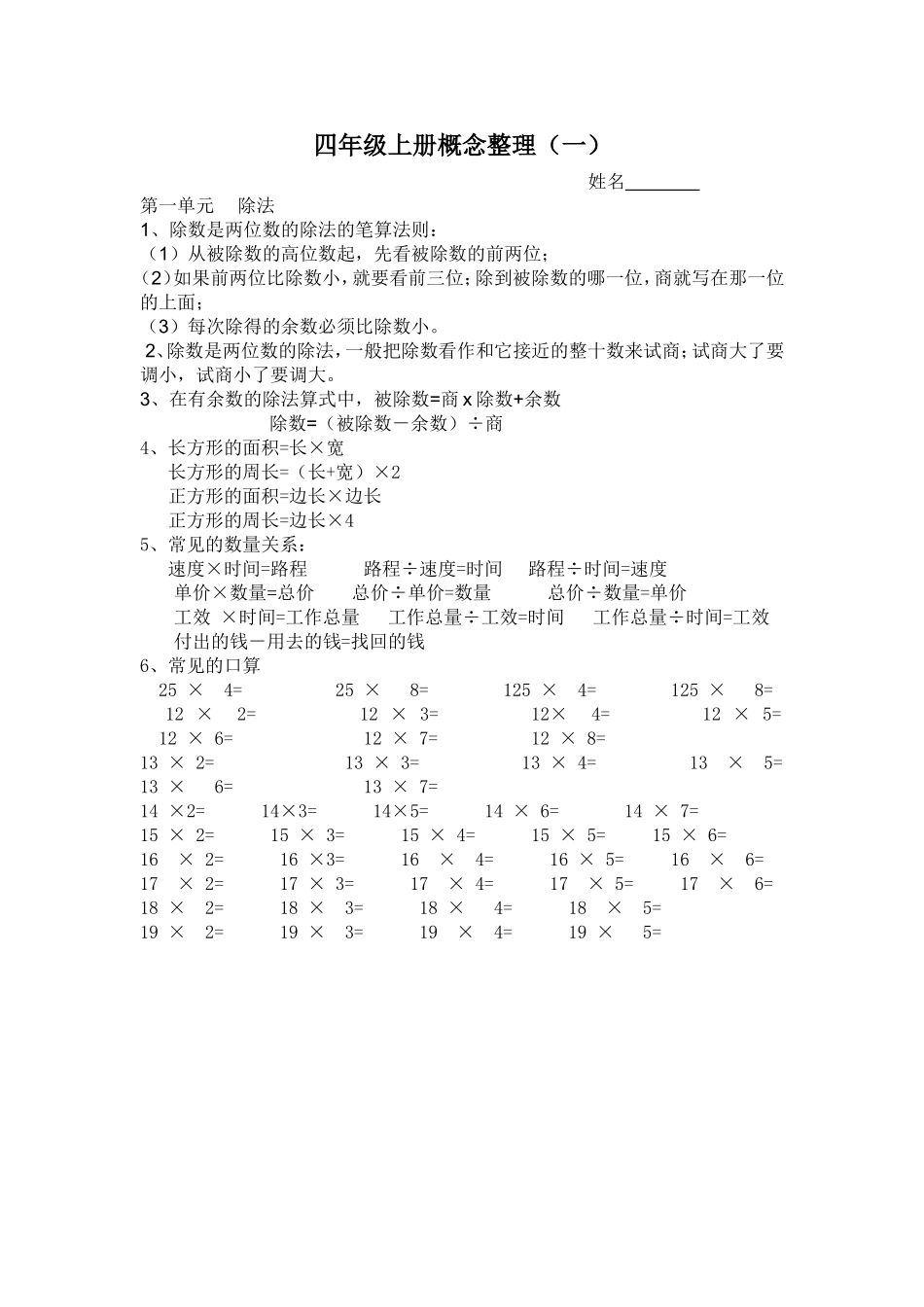 四年级上册概念整理数学除法_第1页