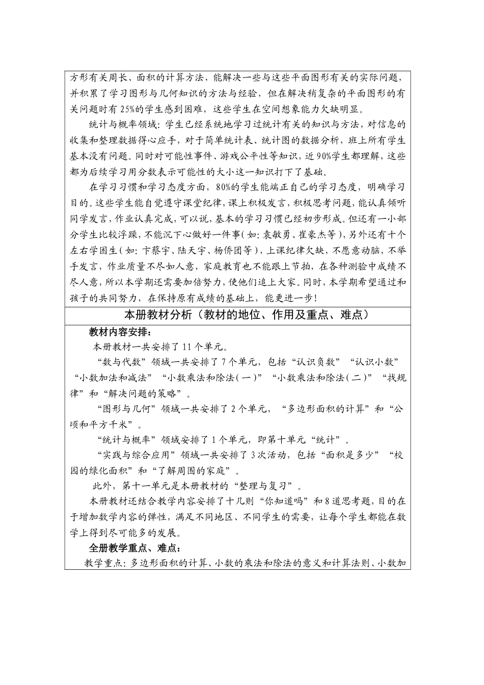 五年级第一学期数学学科教学计划_第2页