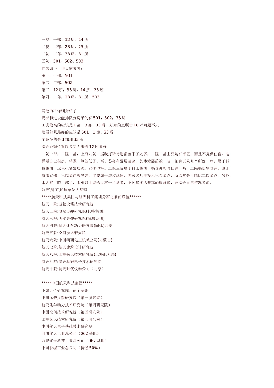 一院：一部、12所、14所二院：二部、23所、25所三院：三部、33所、31所五院：501、502、503排名如下，供大家参考：第一：一部，501第二：三部，502第三：12所，33所，14所，25所第四：二部，23所，31所，503_第1页