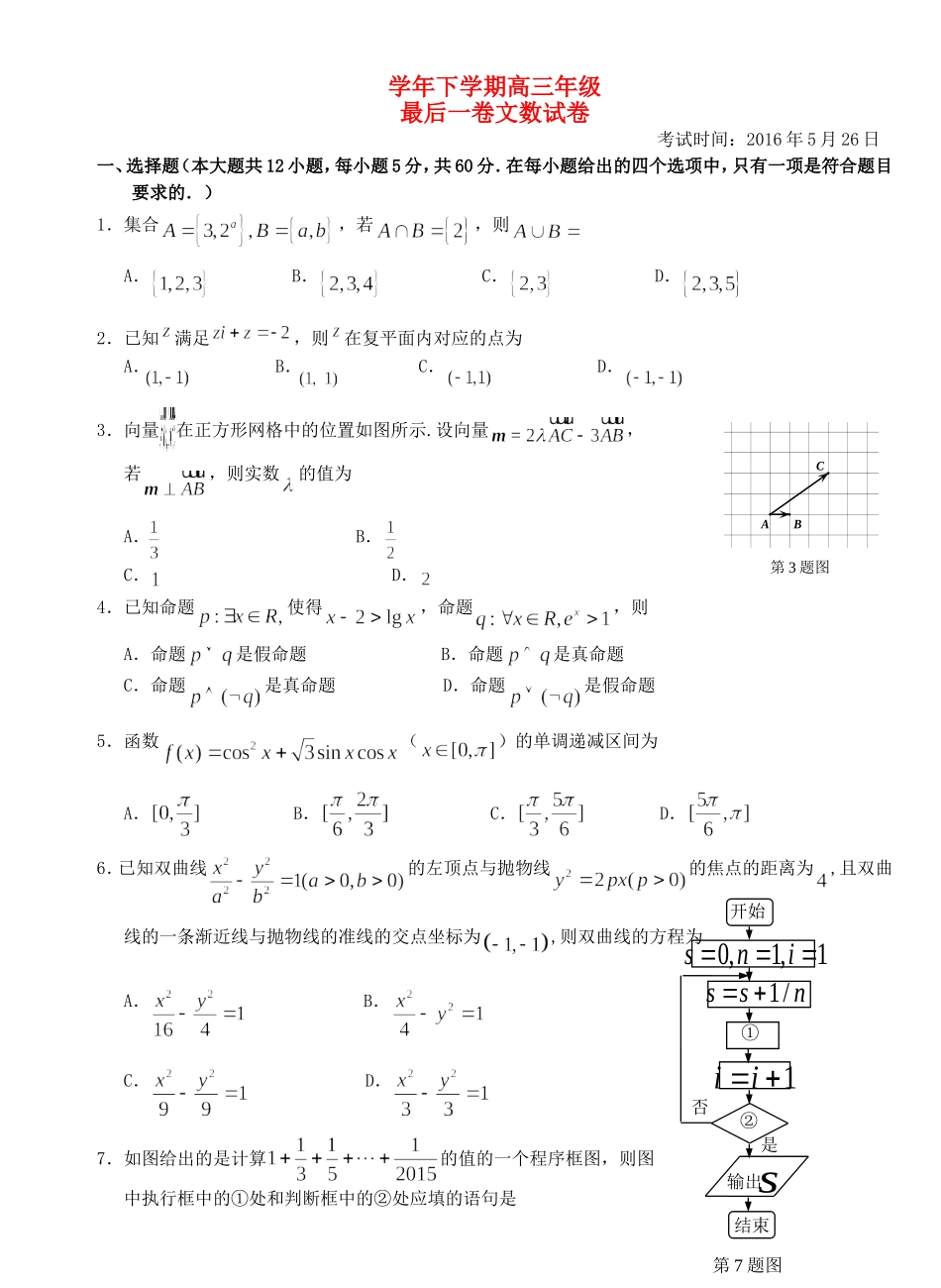 学年下学期高三年级最后一卷文数试卷_第1页