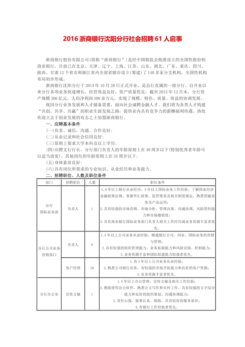 银行沈阳分行社会招聘61人启事_第1页
