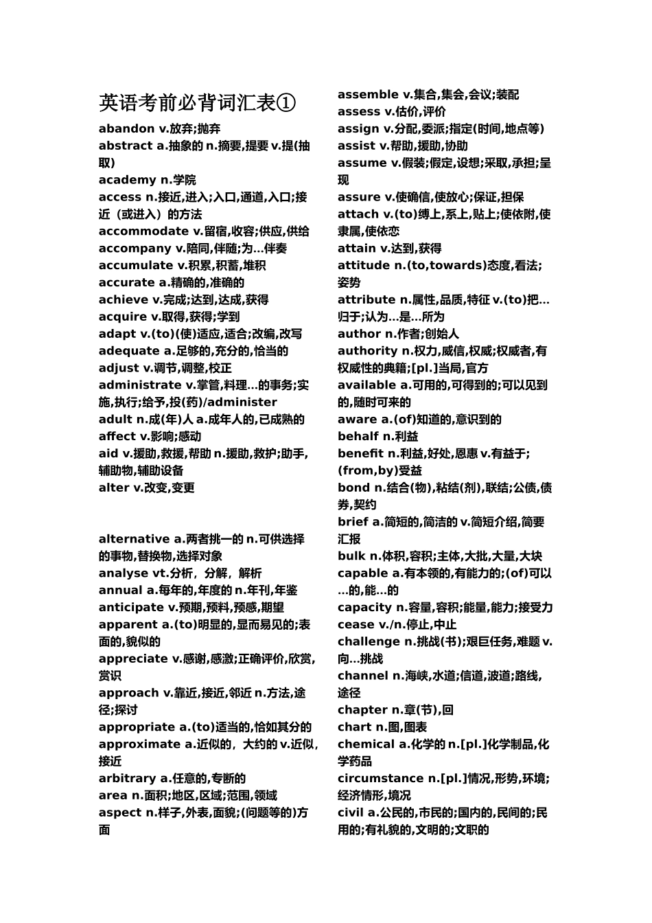 英语考前必背词汇表_第1页
