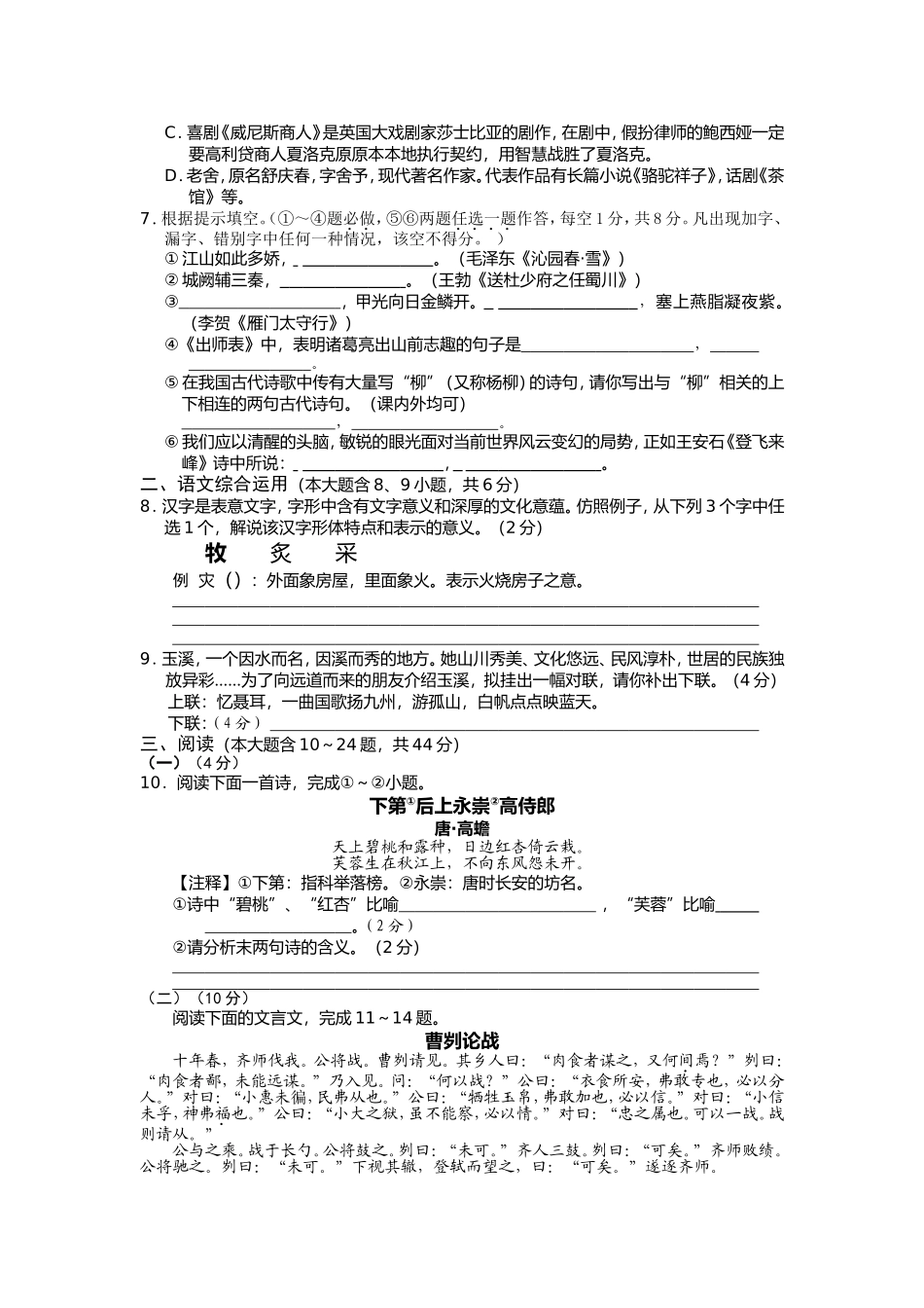 云南省玉溪市高中（中专）招生统一考试语文试卷_第2页