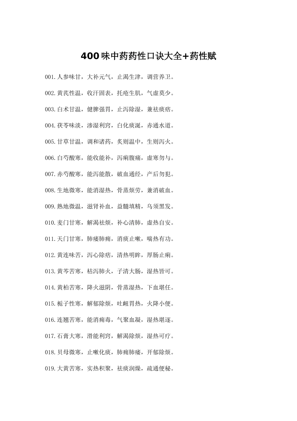 400味中药药性口诀大全+药性赋_第1页