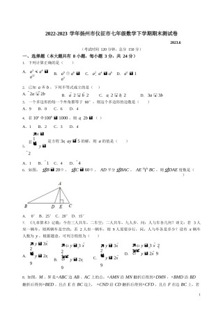 2022-2023学年扬州市仪征市七年级数学下学期期末测试卷附答案解析