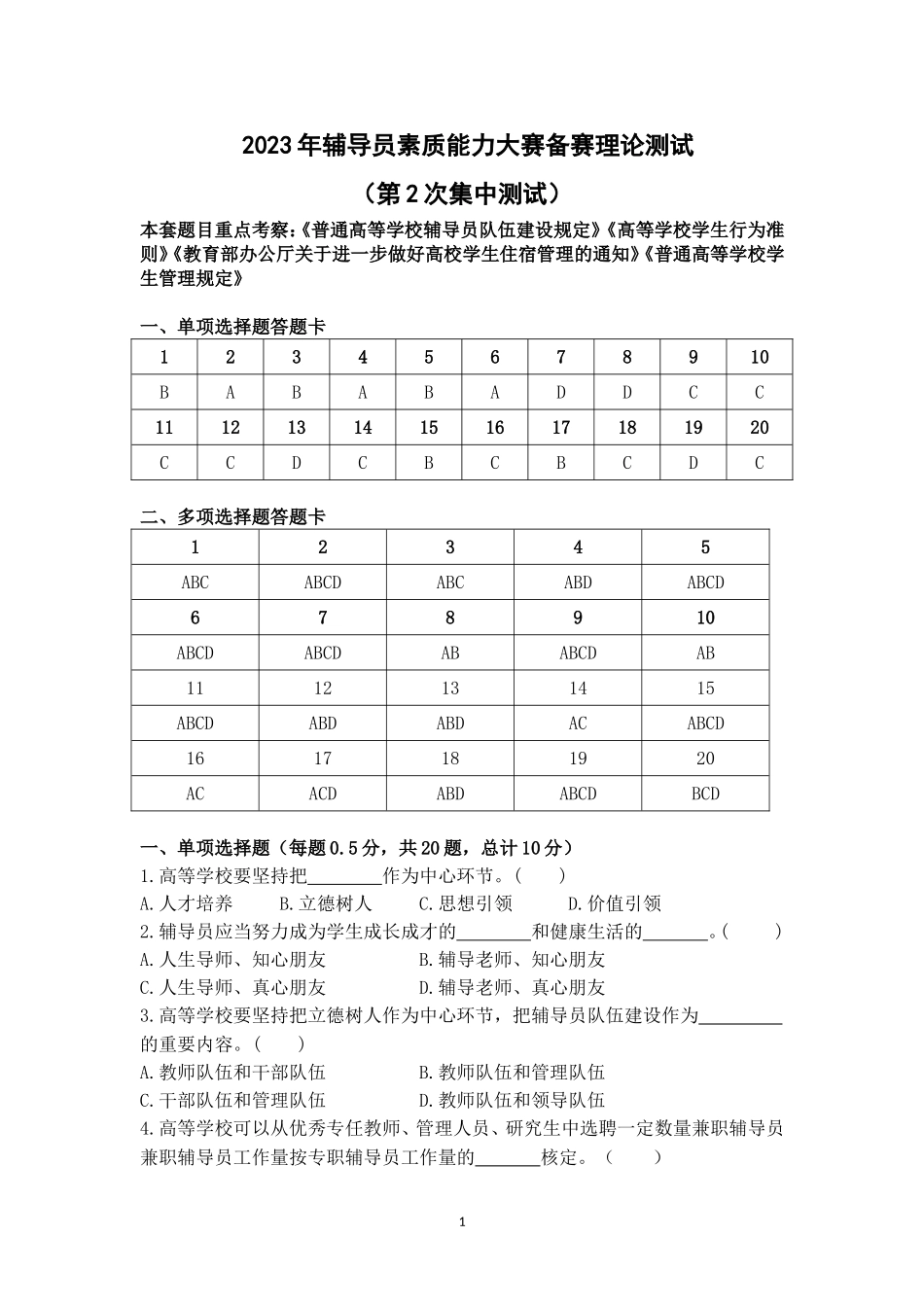 2023年辅导员素质能力大赛备赛理论测试第2次集中测试【题目及答案版_第1页