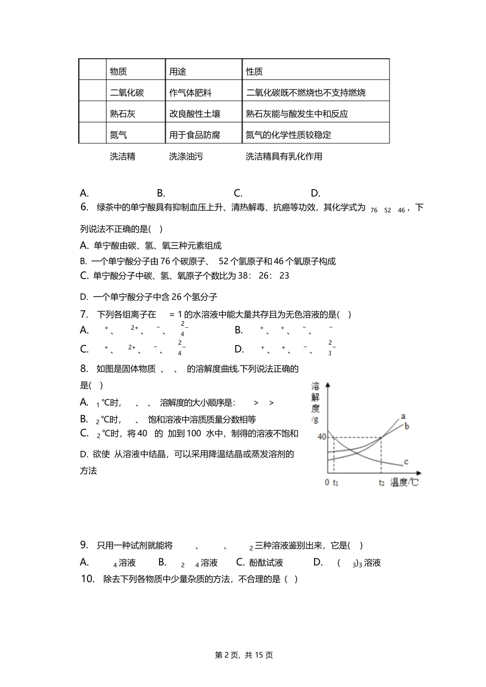2023年山东省菏泽市郓城重点中学中考化学模拟试卷(含解析)_第2页