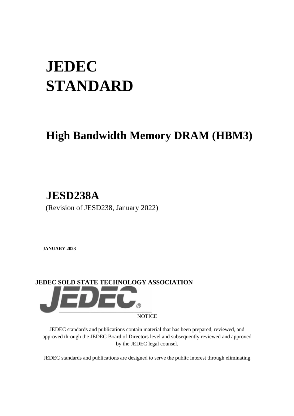 JEDEC JESD238A HIGH BANDWIDTH MEMORY (HBM3) DRAM 原版完整文件_第1页